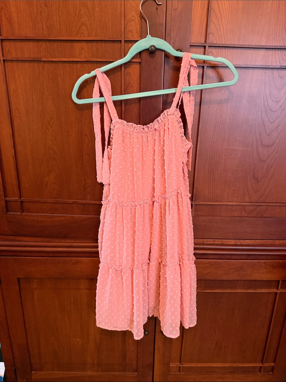 Mi Amore Coral Pink Tiered Swiss Dot Sundress for Girls